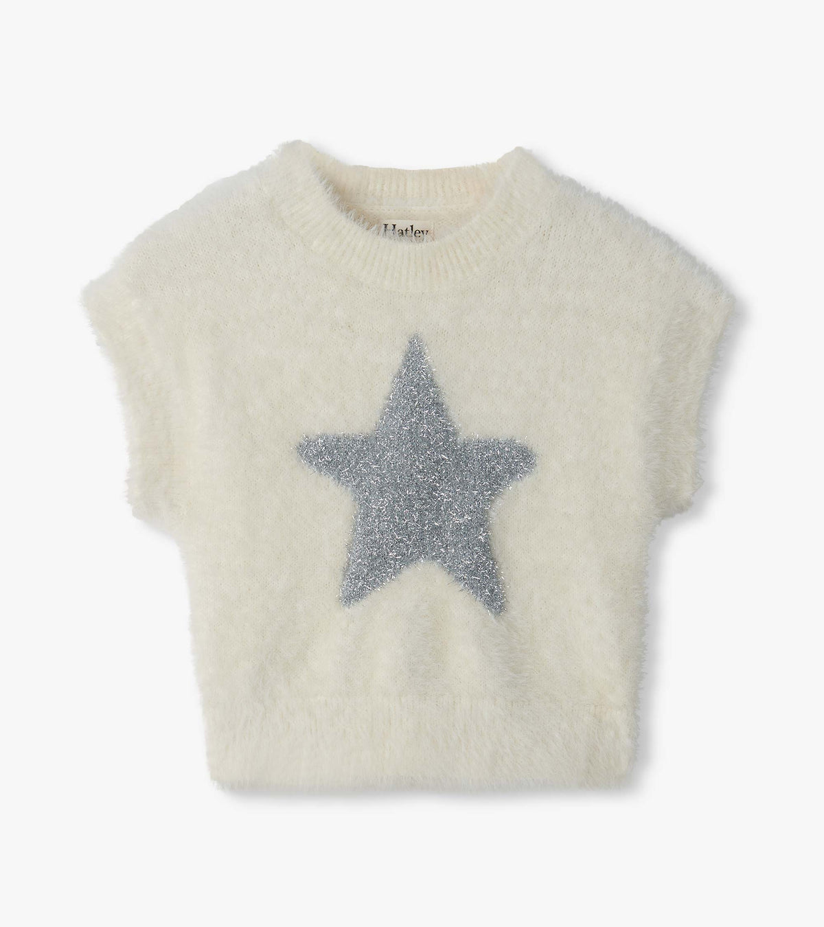 Front view of cream girls sweater vest with cap sleeves and a large silver star on the chest