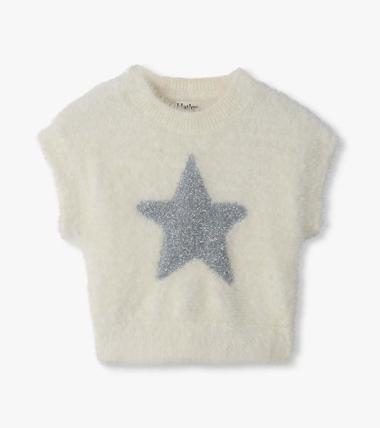 Front view of cream girls sweater vest with cap sleeves and a large silver star on the chest