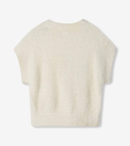 Back view of cream girls sweater vest with cap sleeves and a ribbed neckline