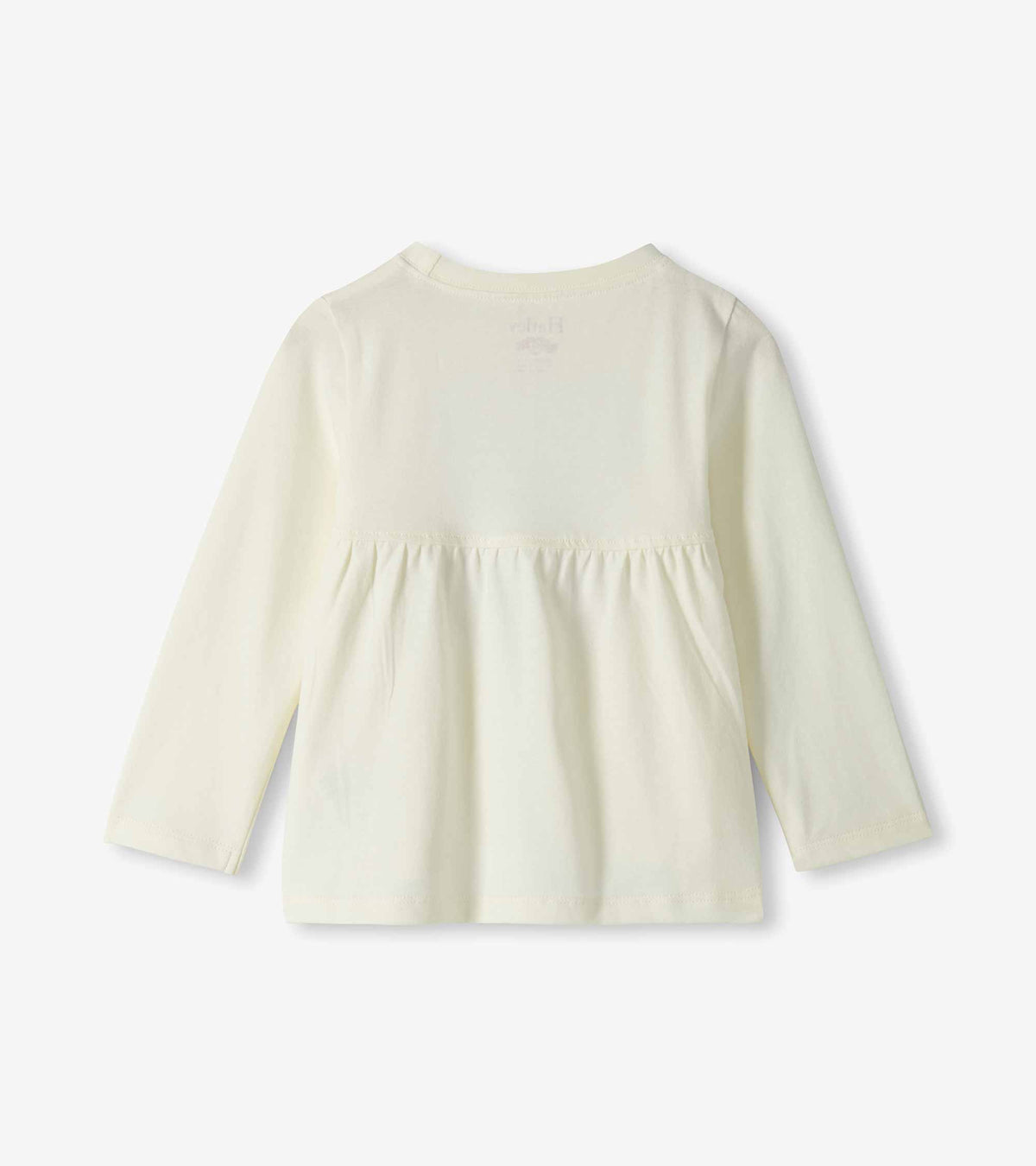 Back view of ivory long-sleeve toddler T-shirt with gathered waist seam