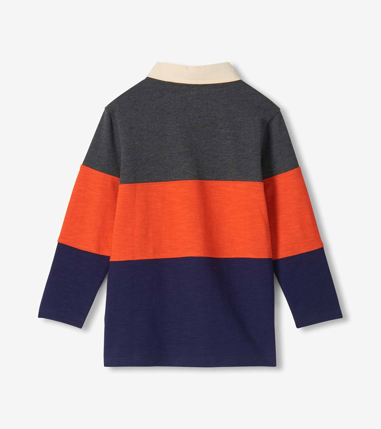 Back view of boys long-sleeve polo shirt with charcoal, orange and navy colourblock panels