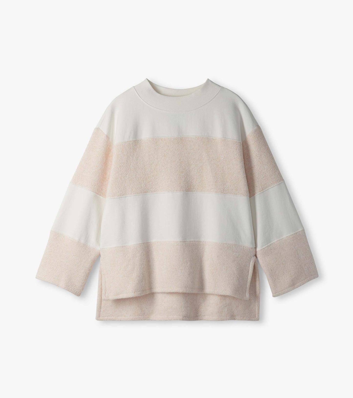 Oatmeal long sleeve top laid flat with horizontal textured panels, mock neck, and high-low hem