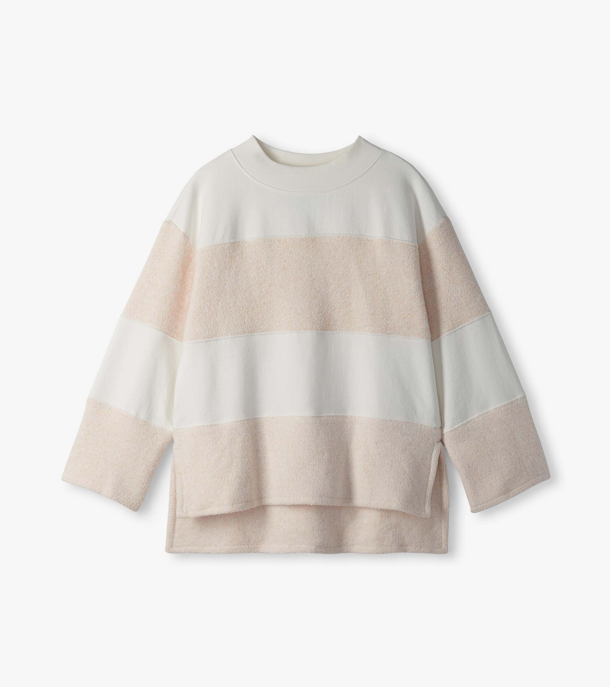 Oatmeal long sleeve top laid flat with horizontal textured panels, mock neck, and high-low hem