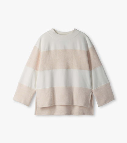 Oatmeal long sleeve top laid flat with horizontal textured panels, mock neck, and high-low hem