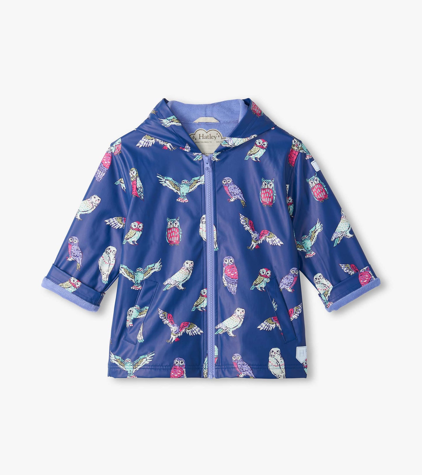 Front view of kids navy rain coat with hood, zipper, pockets, and colorful owl print