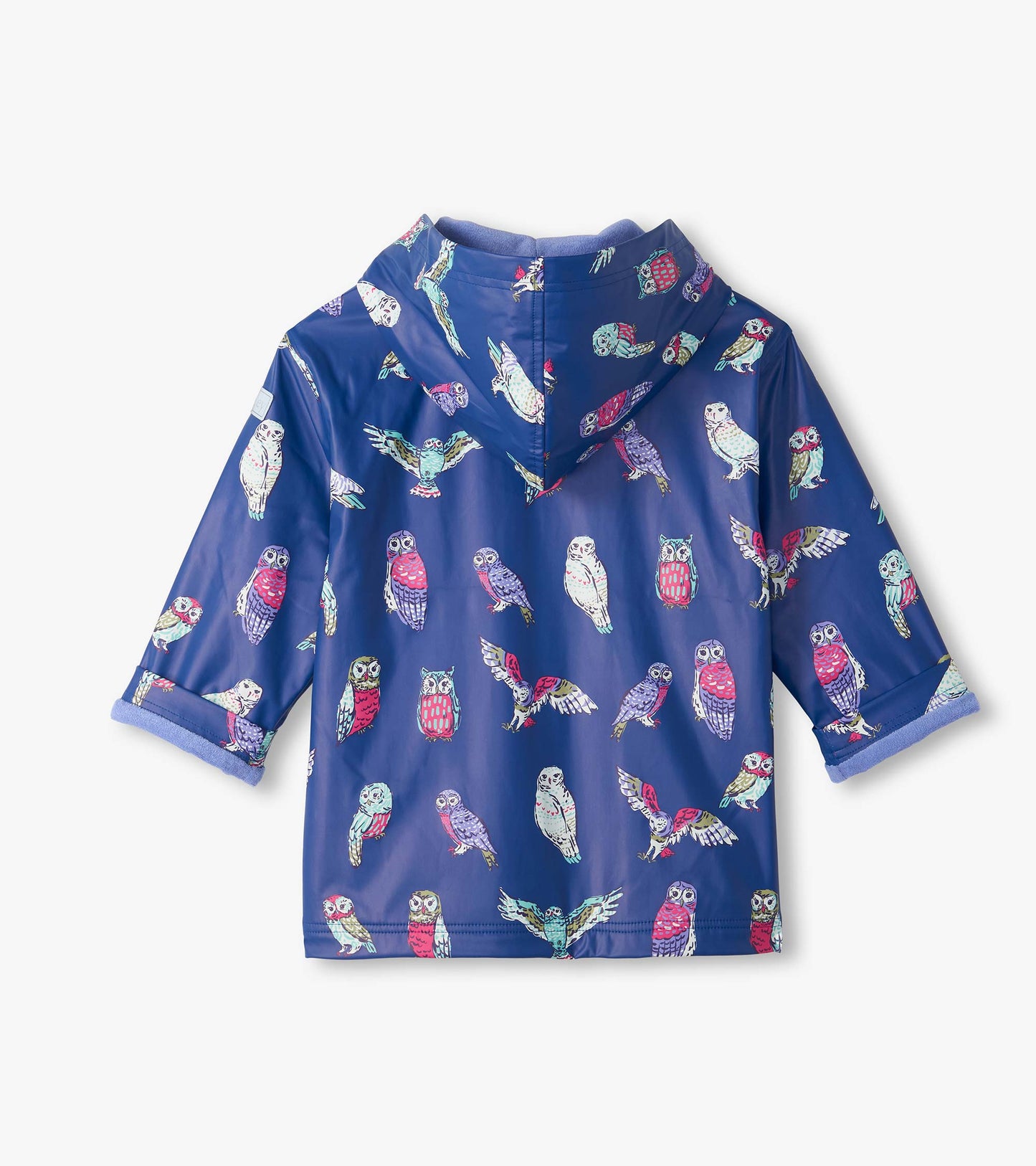 Back view of kids navy hooded rain coat with colorful owl print