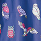 Blue pattern with illustrated winter mittens and a flying owl