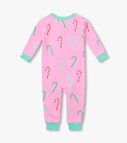 Back view of baby girls pink sleeper with multicolor candy cane print and mint cuffs