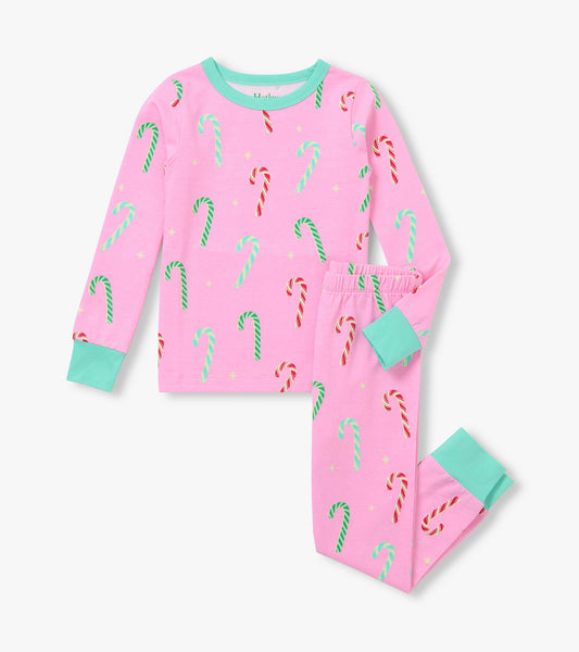 Girls pink pajama set with colorful candy cane print and aqua trim on the cuffs and crew neckline
