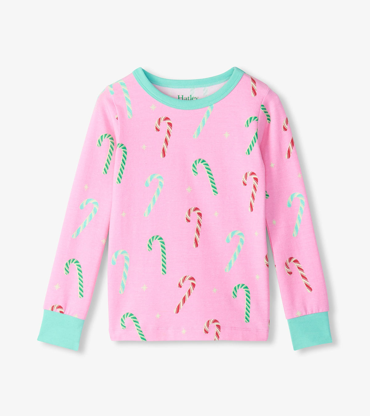 Girls pink long-sleeve pajama top with red, green, and mint candy cane print and mint neckline and cuffs