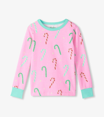 Girls pink long-sleeve pajama top with red, green, and mint candy cane print and mint neckline and cuffs