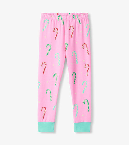 Girls pink fitted pajama pants with red, green, and mint candy cane print and mint ankle cuffs