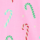 Pink background with four striped candy canes in green, red, and blue