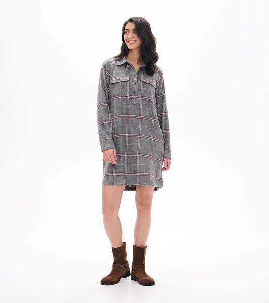 Front view of gray plaid popover dress with long sleeves, chest pockets, collar and button placket