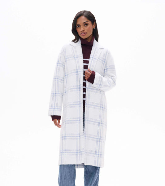 Front view of long white jacket with light blue plaid and open lapel collar
