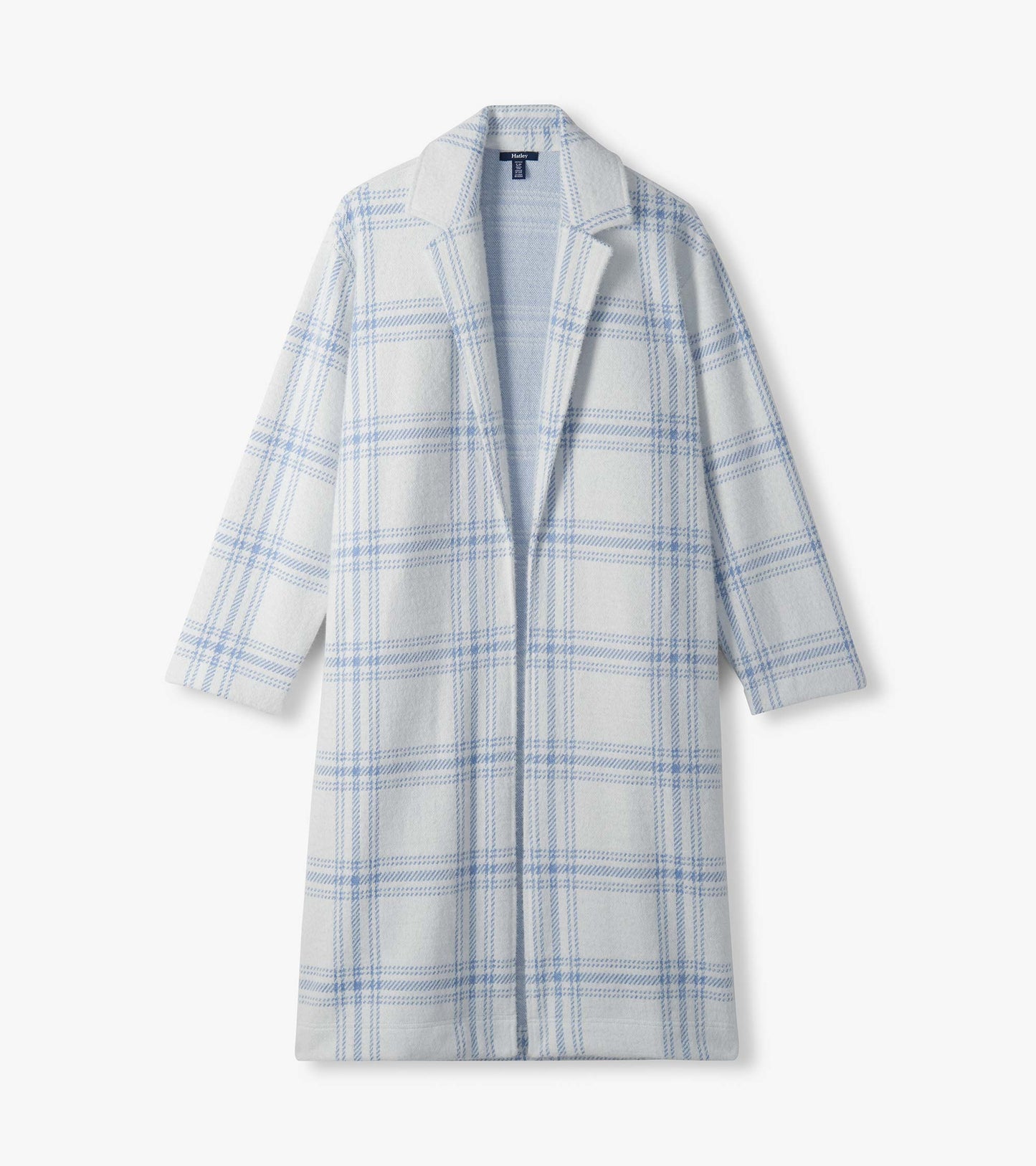 Long white jacket with light blue plaid shown flat, front view with open lapel collar