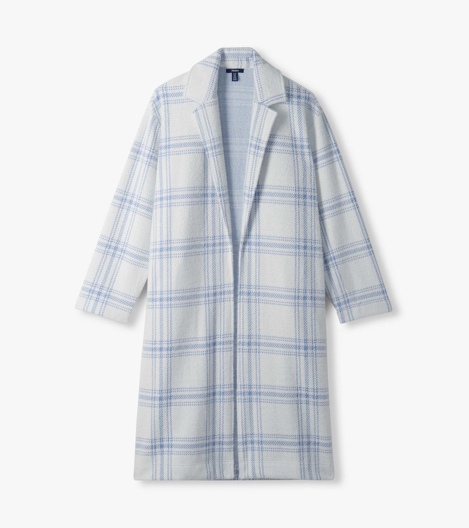 Long white jacket with light blue plaid shown flat, front view with open lapel collar