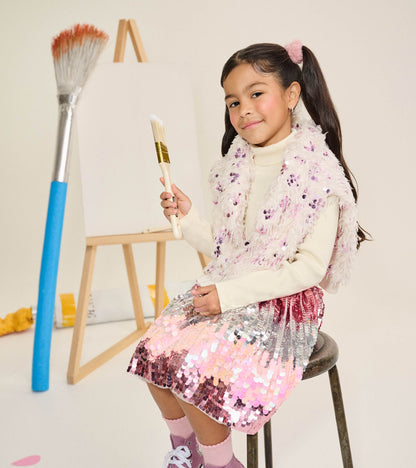 Girl wearing a cream feather-textured pullover with pink sequins over a cream top, seated with a paintbrush