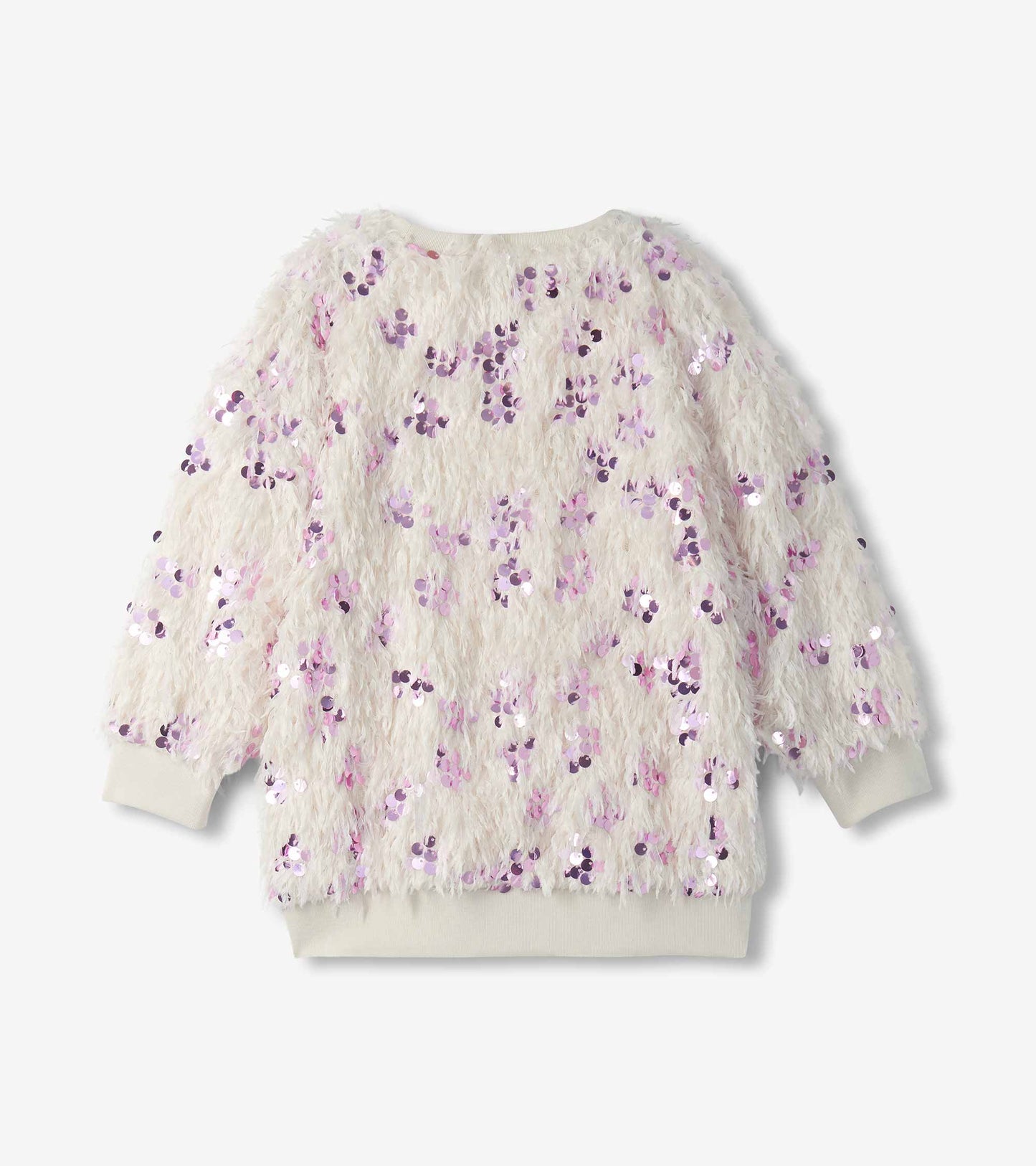 Back view of cream feather-textured girls pullover with scattered pink sequins and ribbed hem