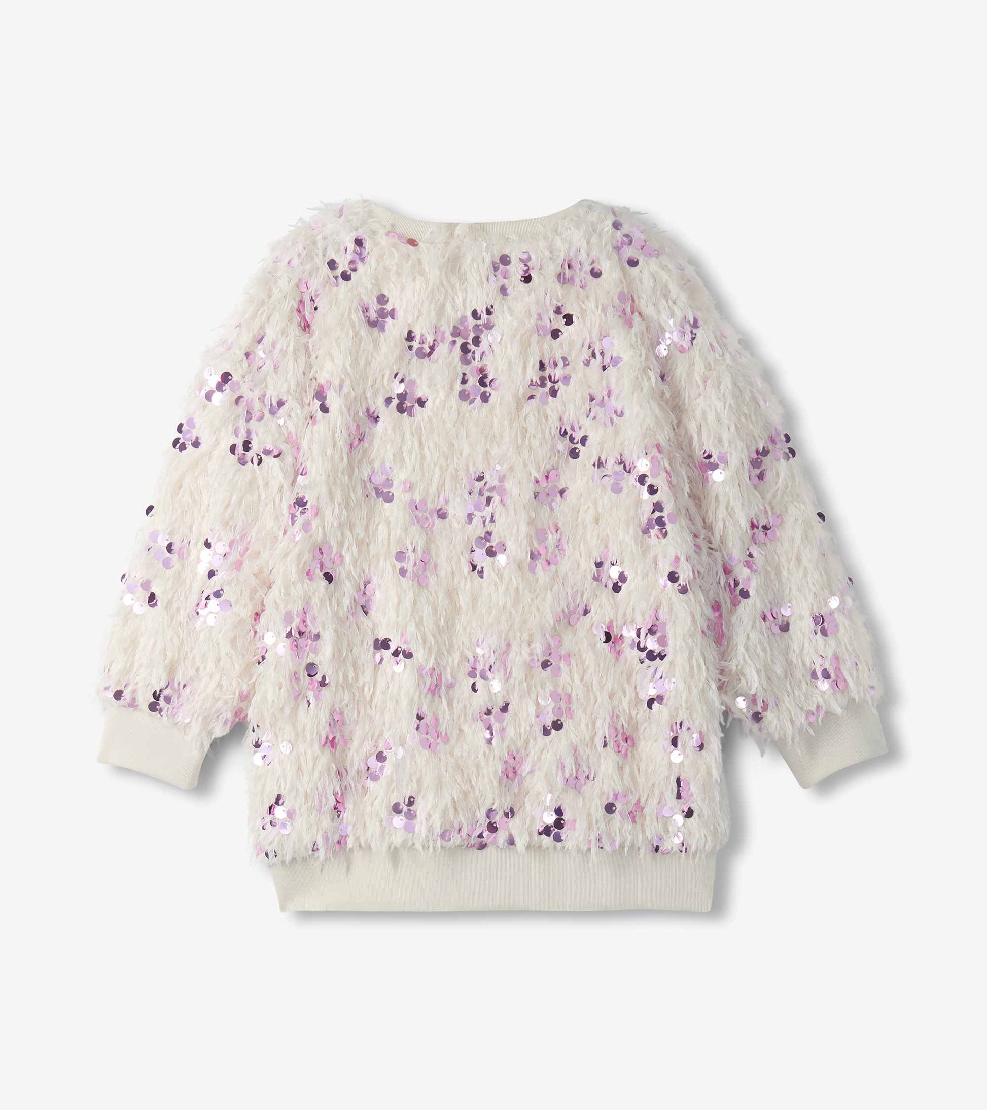 Back view of cream feather-textured girls pullover with scattered pink sequins and ribbed hem
