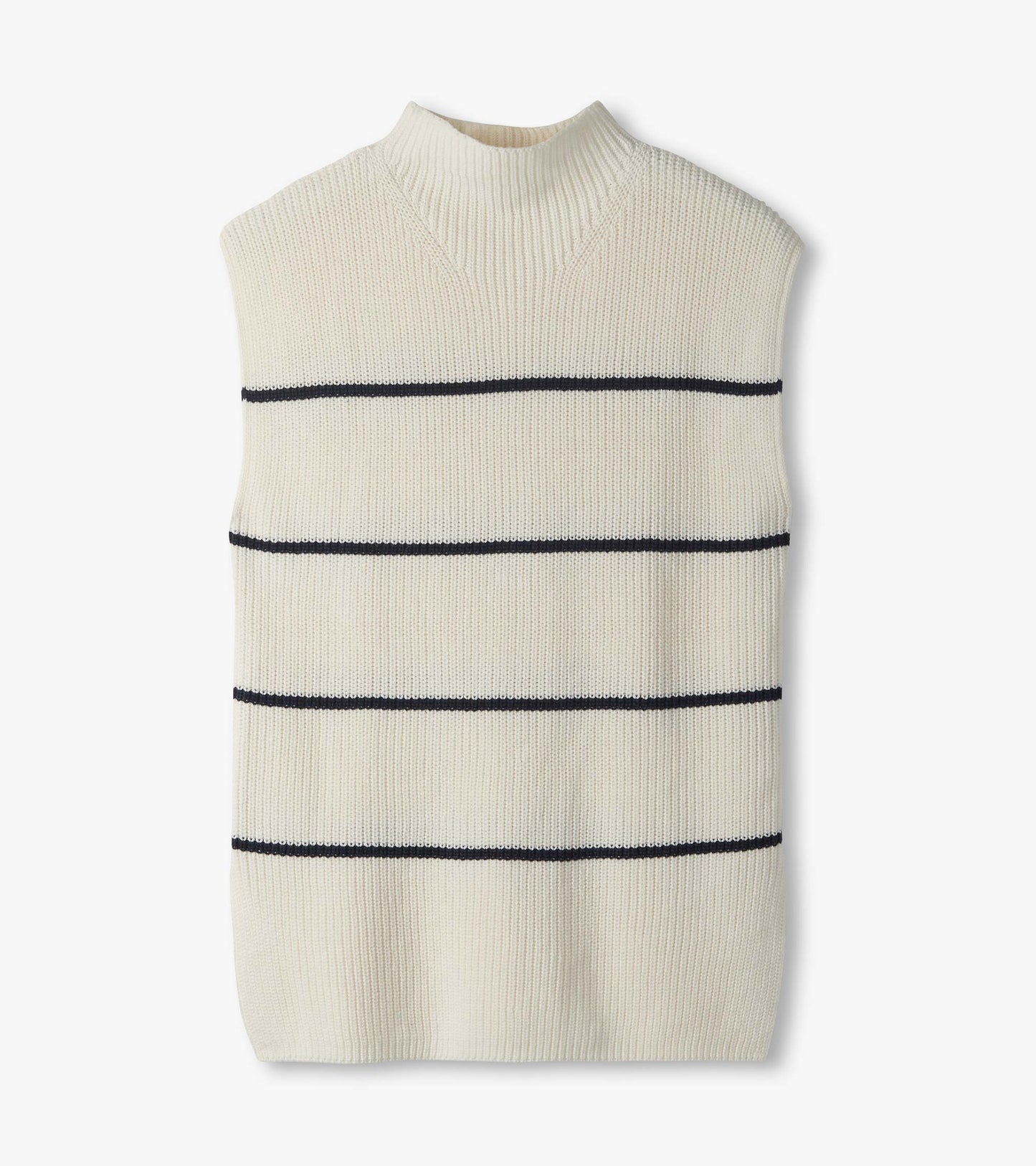 Cream sleeveless sweater tunic laid flat with navy horizontal stripes and mock neck