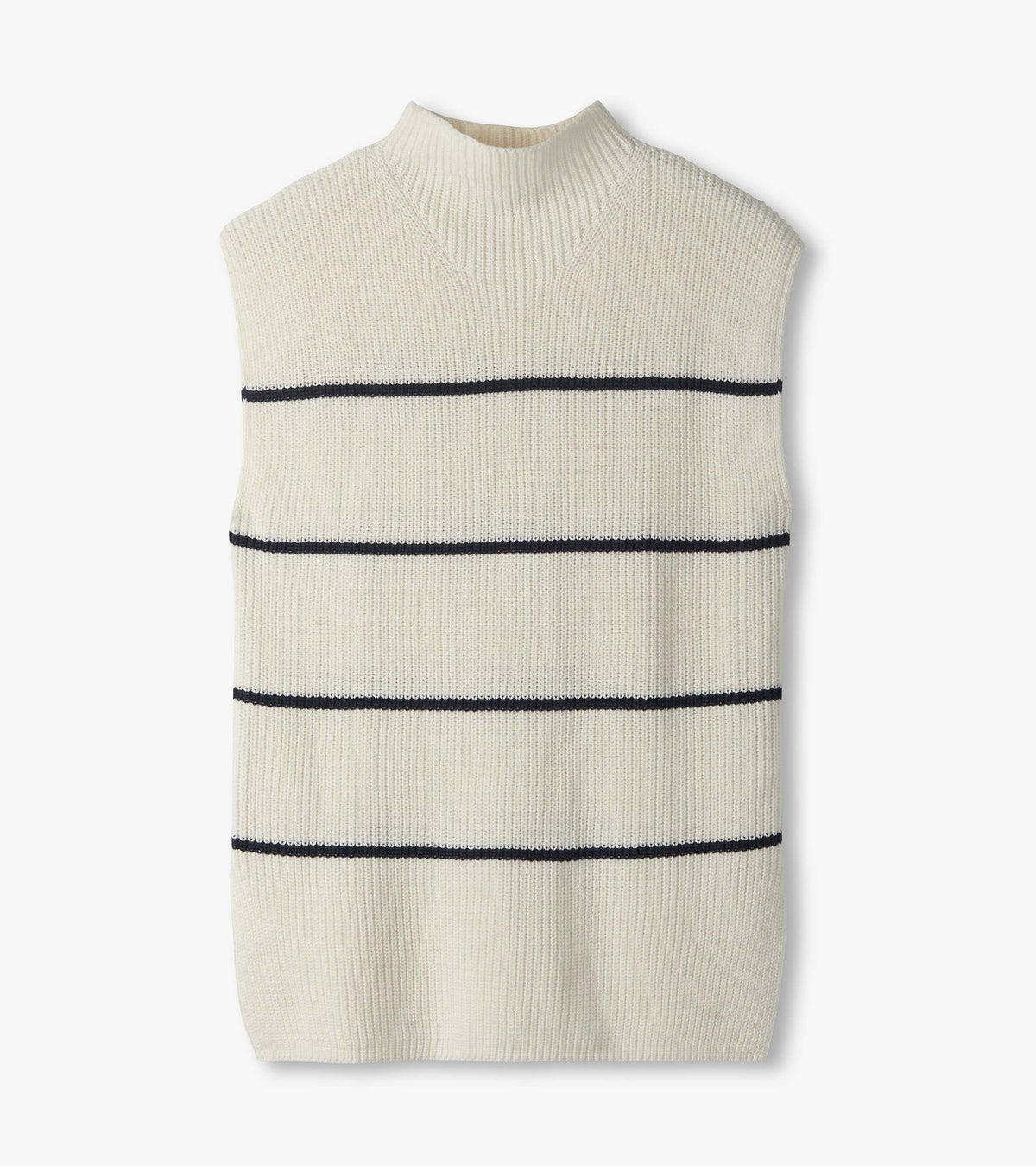 Cream sleeveless sweater tunic laid flat with navy horizontal stripes and mock neck