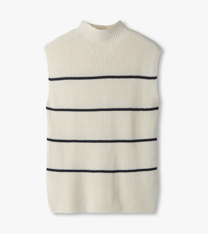 Cream sleeveless sweater tunic laid flat with navy horizontal stripes and mock neck