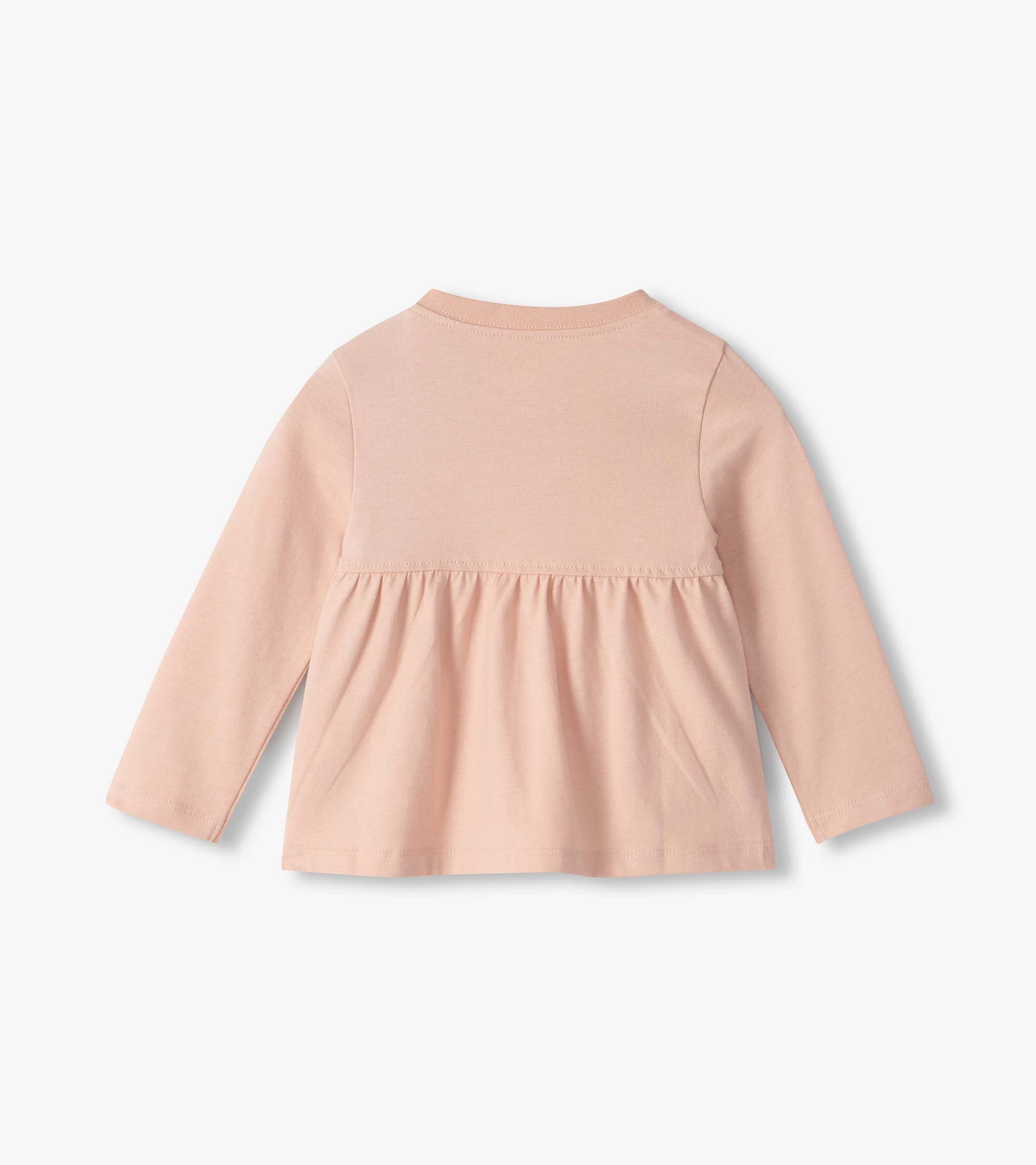 Back of infant blush pink long sleeve tee with gathered yoke