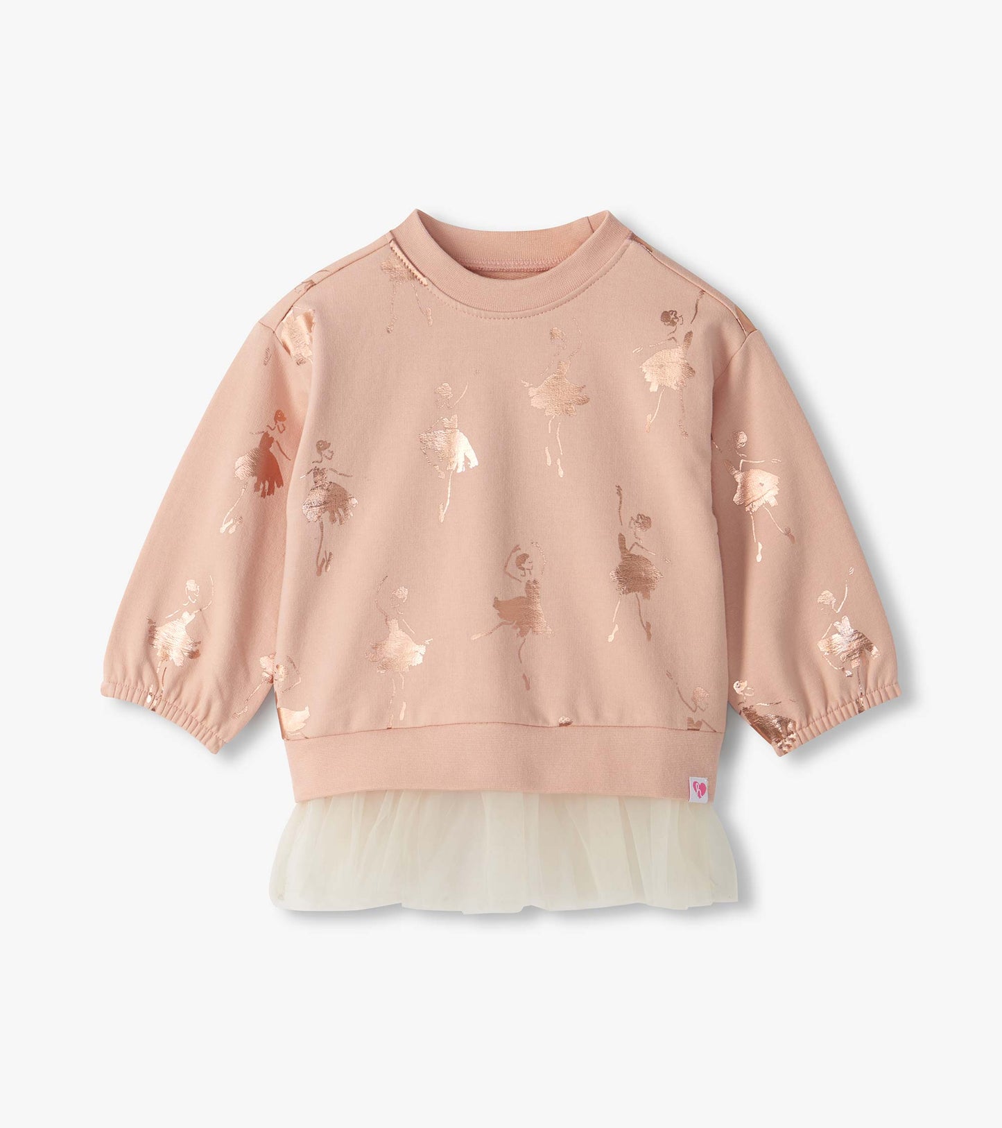 Front view of blush pink top with metallic ballerina print and cream tulle hem