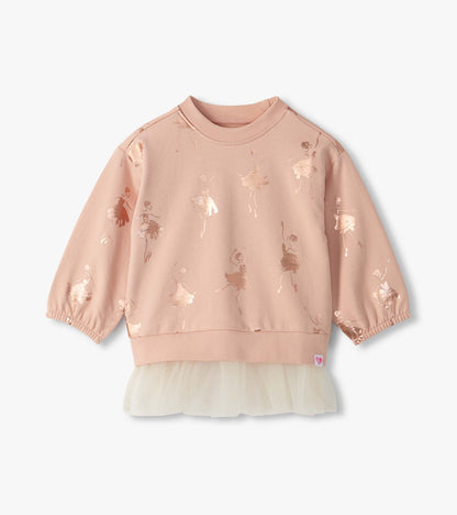 Front view of blush pink top with metallic ballerina print and cream tulle hem