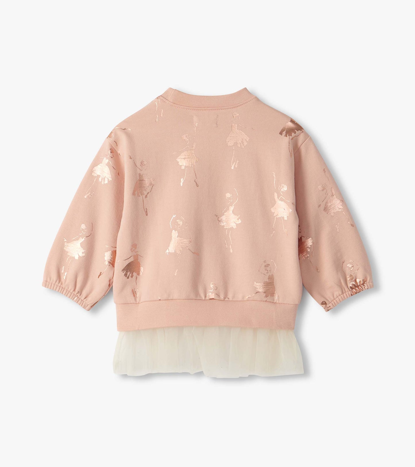 Back view of blush pink top with metallic ballerina print and cream tulle hem