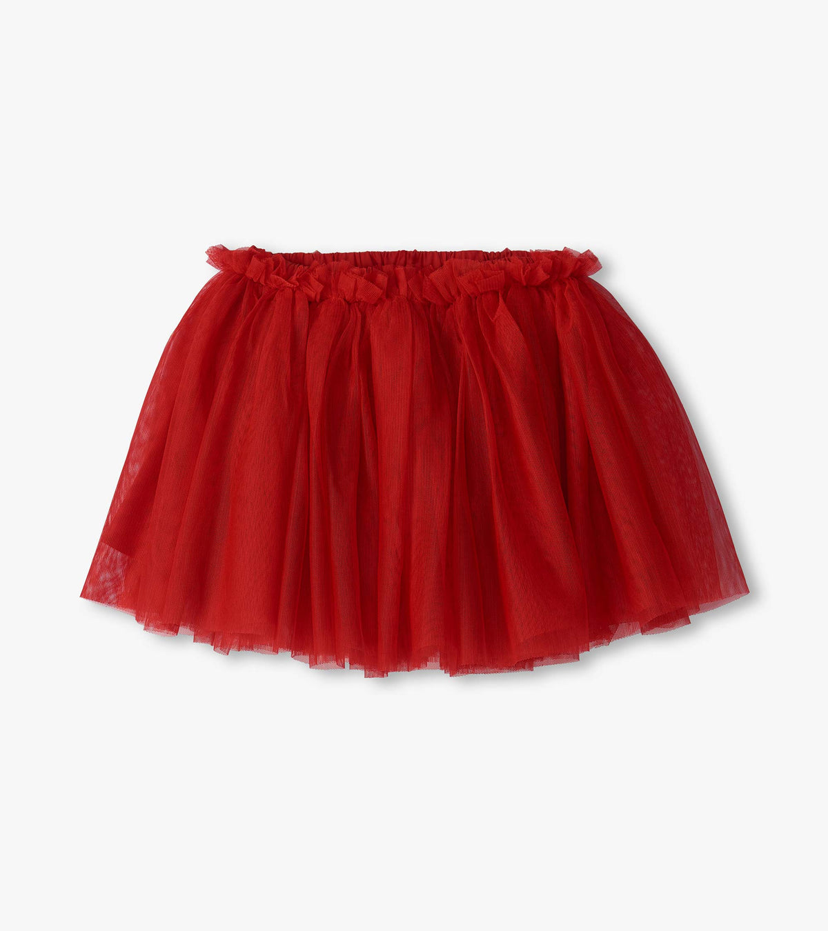 Red puffy tutu skirt with layered tulle and a ruffled elastic waistband
