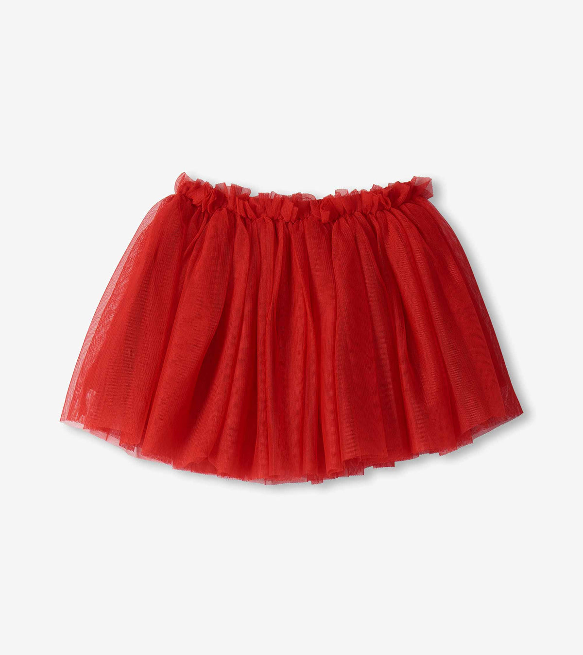 Front view of a red puffy tutu skirt with layered tulle and a ruffled waistband