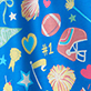 Blue pattern with seashells, starfish, fish, coral, and two pink beach chairs under a yellow umbrella