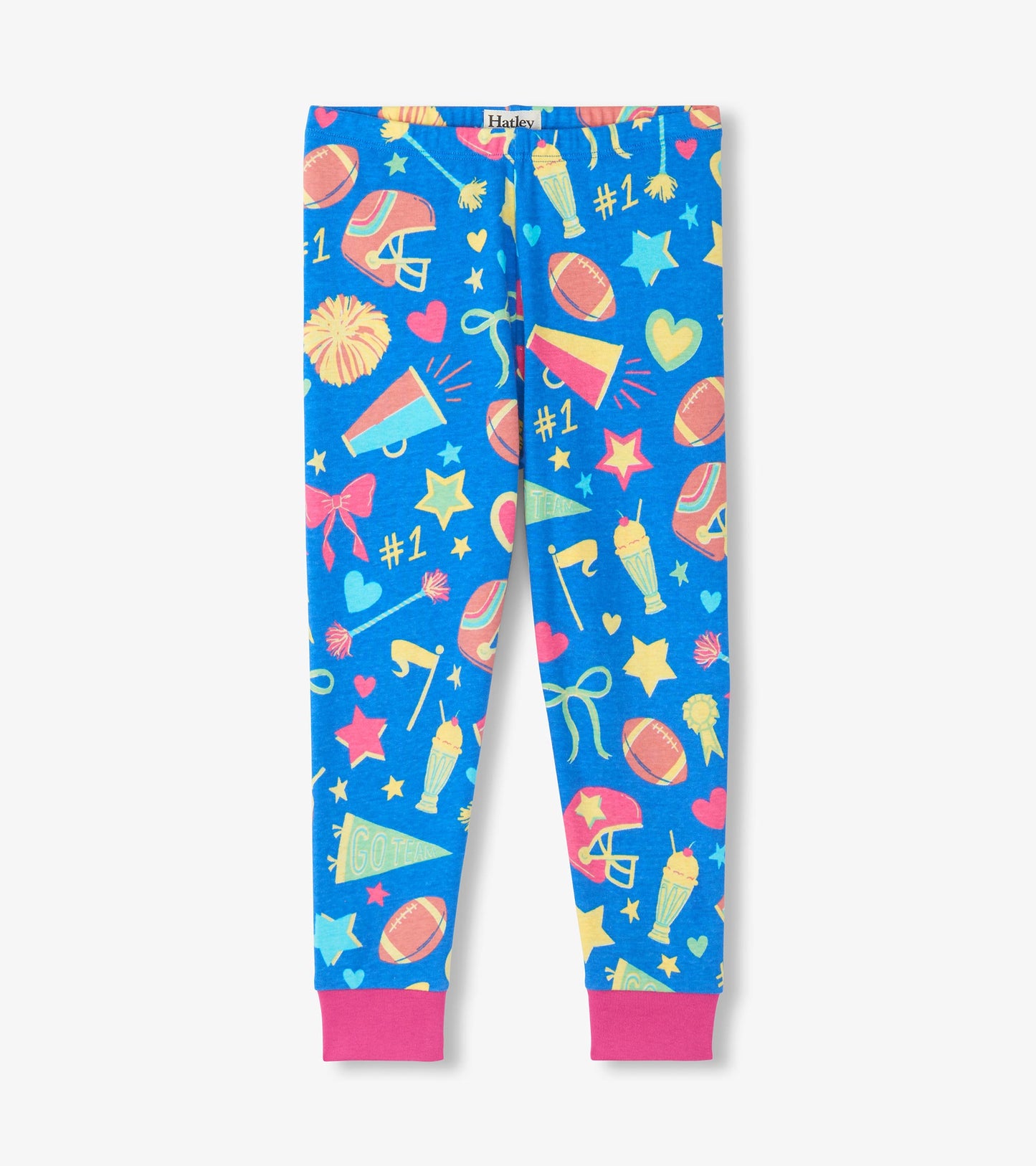 Girls pajama pants in bright blue with pink cuffs and colorful cheer print including helmets, pom-poms and megaphones