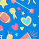 Blue pattern with pink stars, yellow hearts, leaves, and abstract shapes