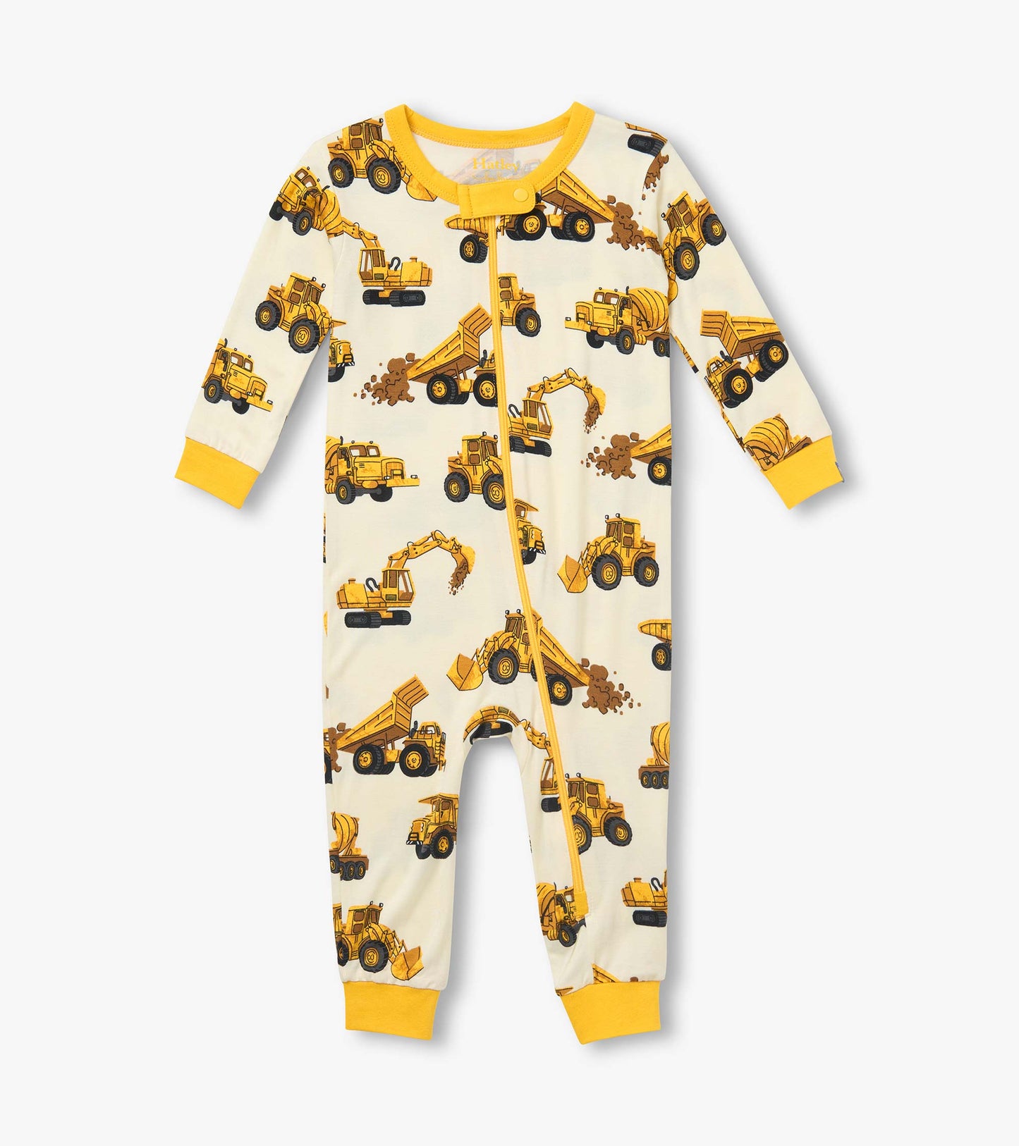 Front view of infant coverall with yellow trim, zipper, and allover construction truck print