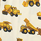 Pattern of yellow construction vehicles and black wheels on a white background