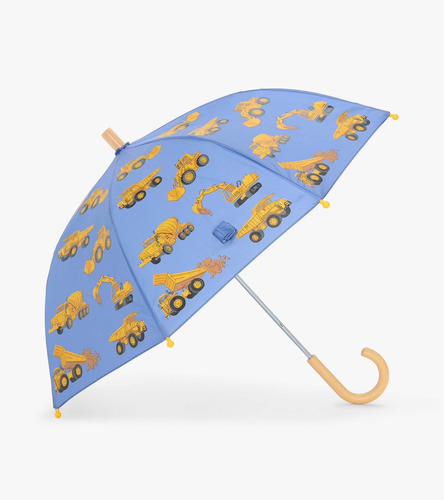 Open blue kids umbrella with yellow construction truck print and curved beige handle