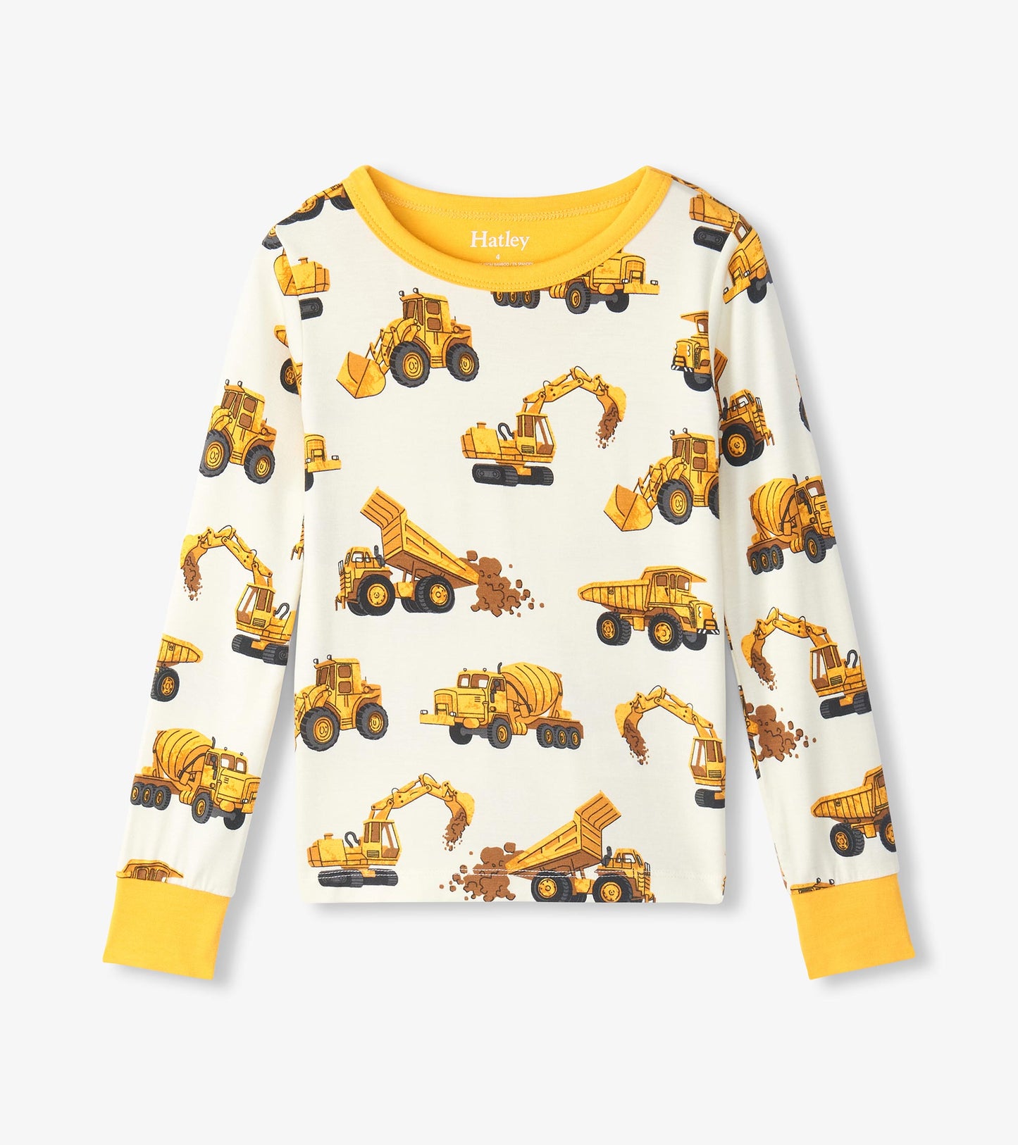 Long-sleeve pajama top with yellow construction vehicles print on cream and bright yellow neck and cuffs