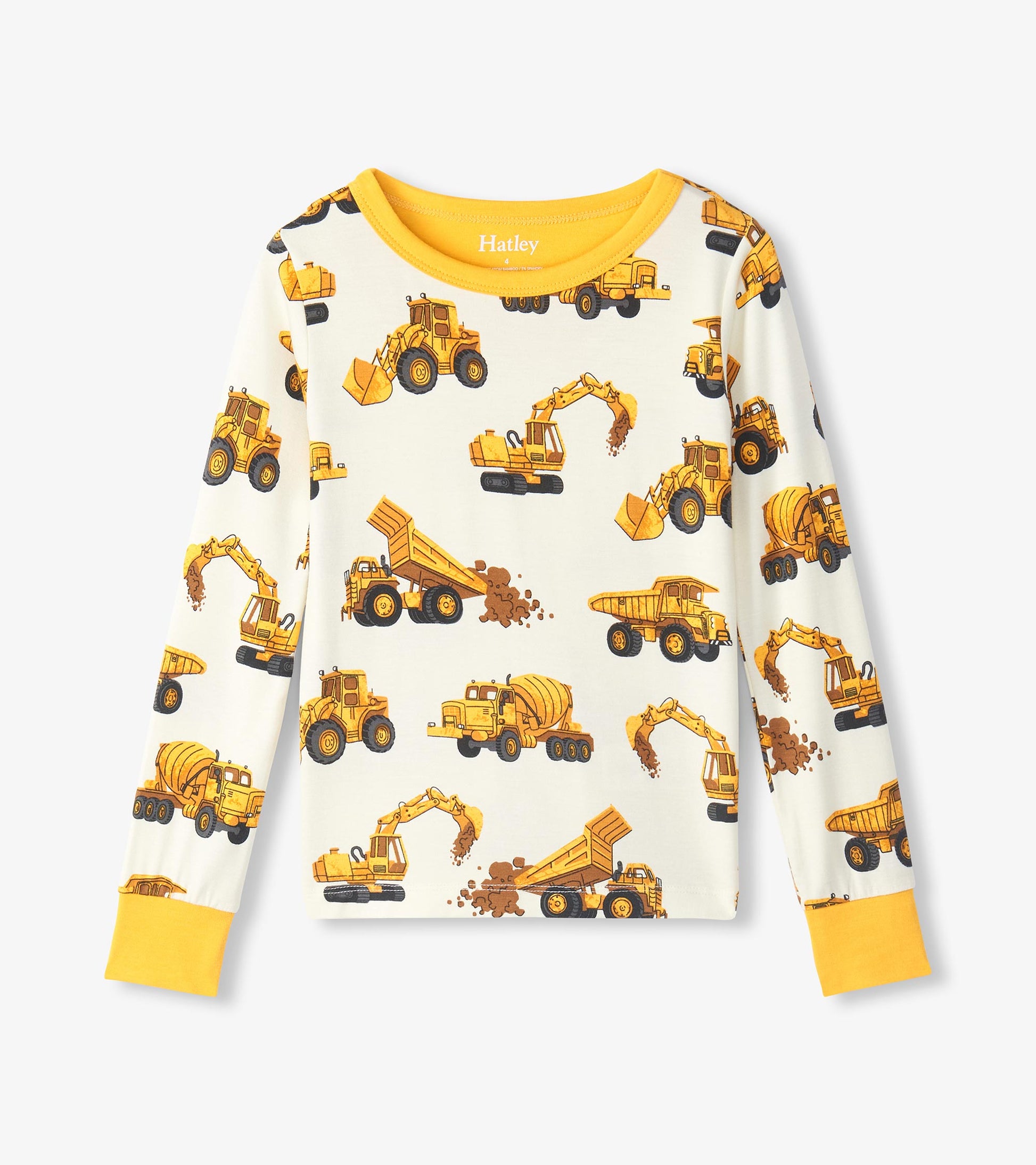 Long-sleeve pajama top with yellow construction vehicles print on cream and bright yellow neck and cuffs