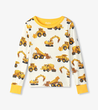Long-sleeve pajama top with yellow construction vehicles print on cream and bright yellow neck and cuffs