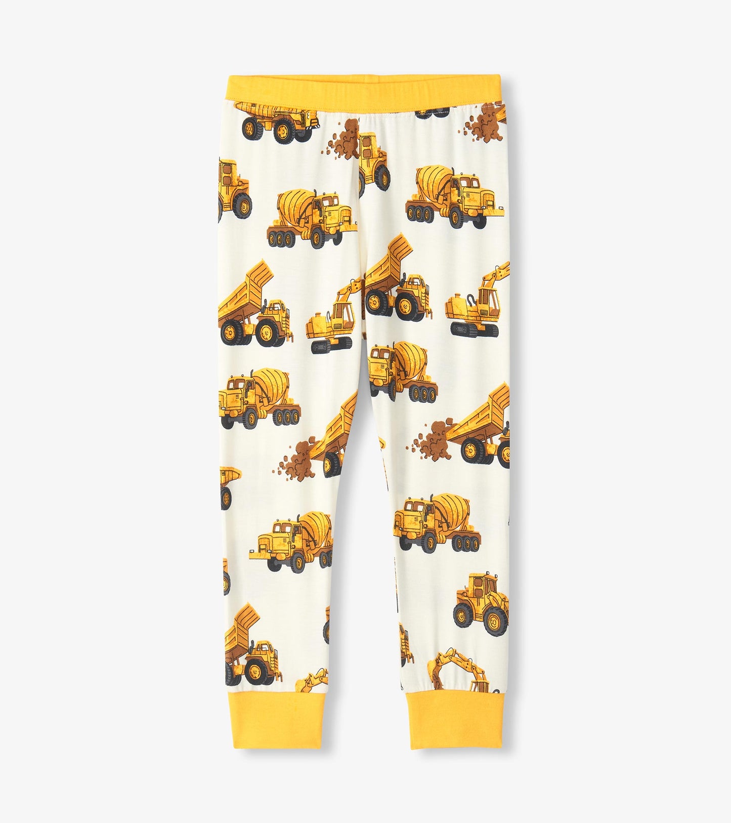 Pajama pants with yellow construction truck print on cream and bright yellow waistband and ankle cuffs