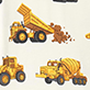 Three yellow construction vehicles and a pile of brown rocks