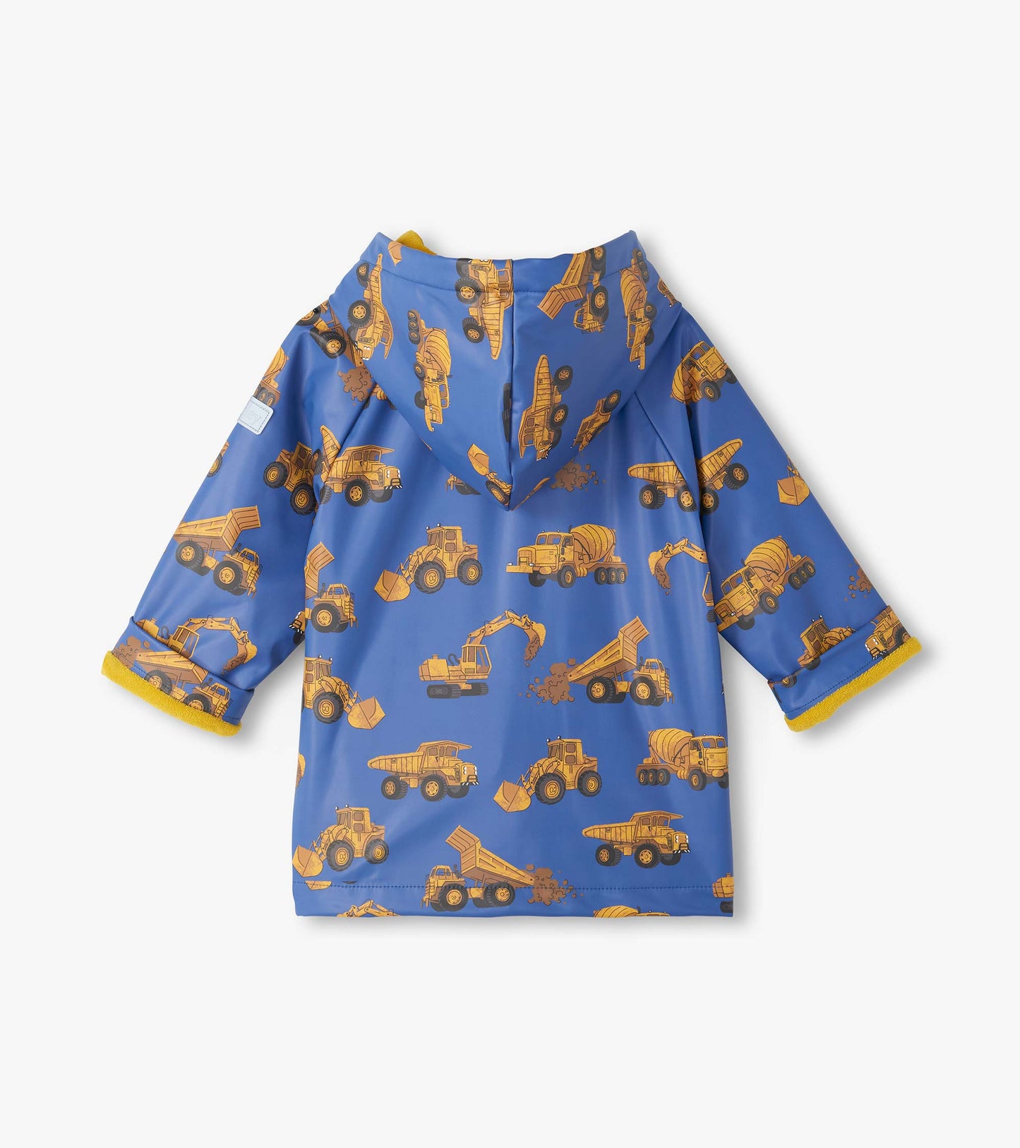 Back view of blue hooded rain coat with yellow trim and construction truck print