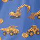 Orange construction vehicles and machinery pattern on a blue background