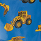 Blue background with yellow construction vehicles and equipment pattern
