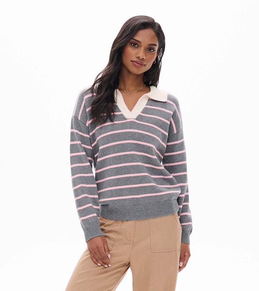 Front view of charcoal sweater with whisper pink stripes and a cream Johnny collar