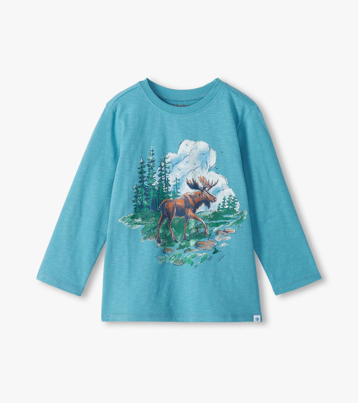 Blue long-sleeve crew neck tee with moose, trees, clouds, and river graphic on the front