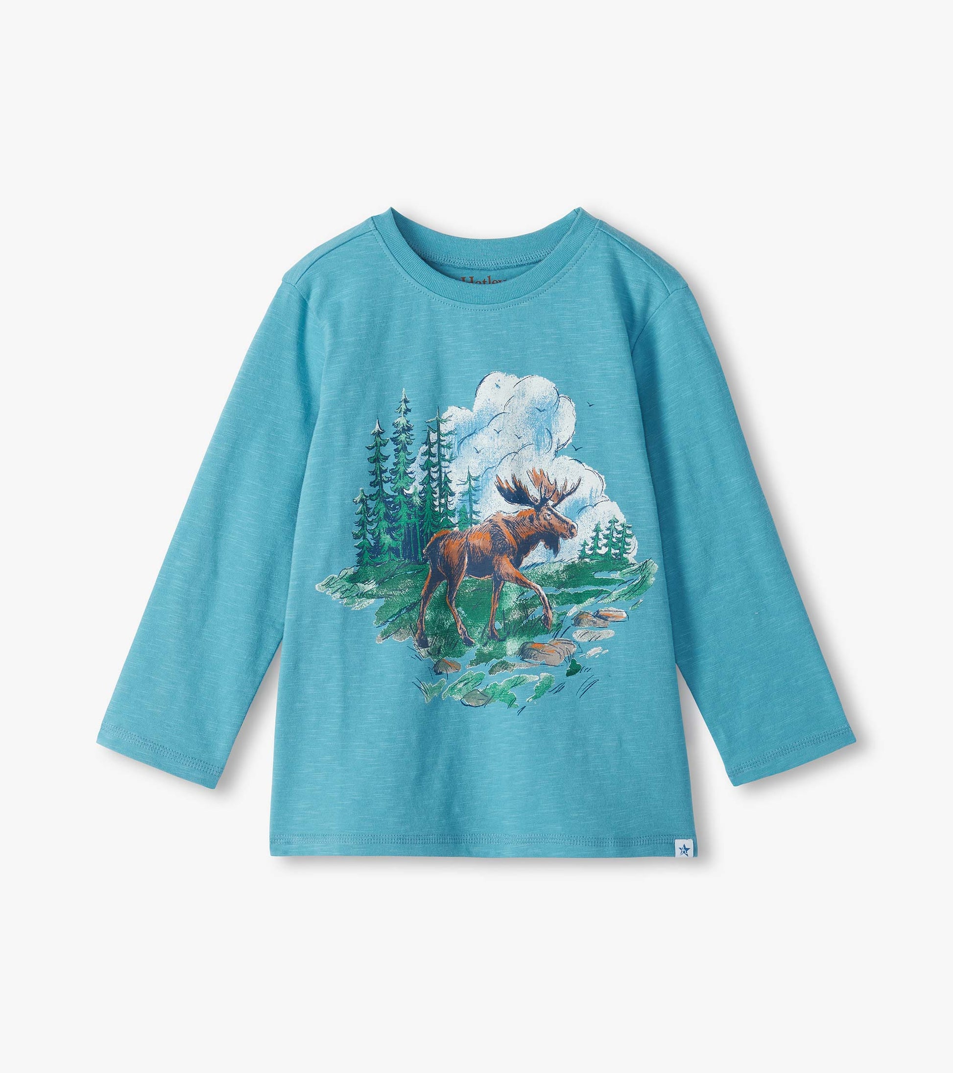 Blue long-sleeve crew neck tee with moose, trees, clouds, and river graphic on the front